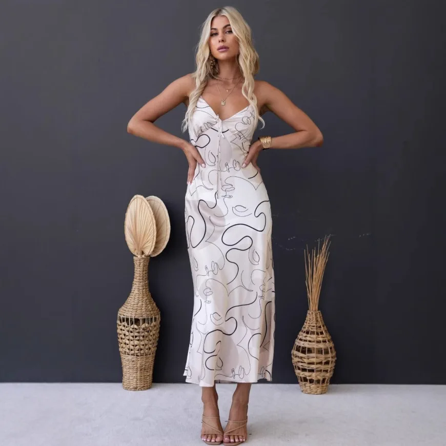 

25 Year Fashion New Spicy Girl Deep V Cross Suspender Backless Jumpsuit Long Skirt 23011