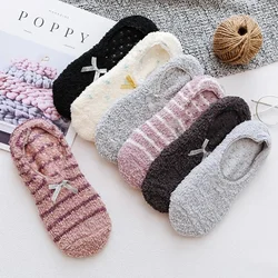Plush Slippers Women Cute Coral Fleece Socks Stripe with Bow House Shoes Sleep Warm Socks Non-slip Floor Socks Fluffy Slippers