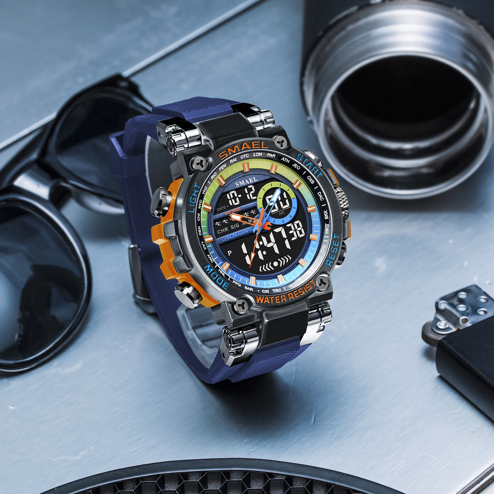 SMAEL 8141 Reloj deportivo digital para hombre - Caja de aleación Correa de TPU Reloj despertador multifuncional Cronómetro 50M Resistente al agua y a los golpes