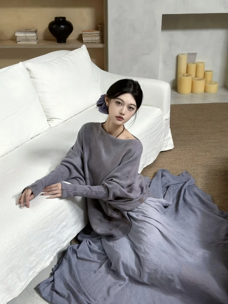 

Original Soft Purple Plant-Dyed Wool Knitted Top Cotton Linen f Skirt Set Women's Sweet Sle Loose Fit Wave Pattern Knitwear