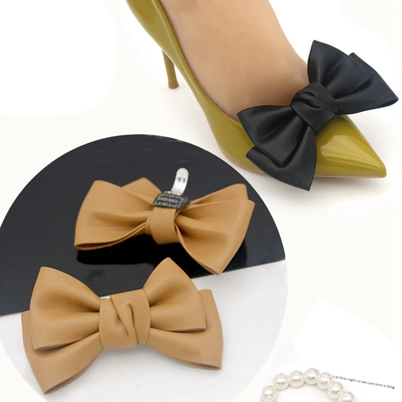 2Pcs Removable Shoe Clips Leather Bow Shoe Clips Shoe Jewelry Clips Wedding Party Shoe Buckle