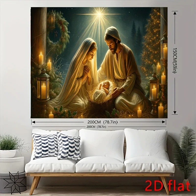 Christmas Nativity Scene Wall Tapestry Mary Joseph Baby Jesus Religious Art 2D Flat Decor For Home Living Room Church Holiday