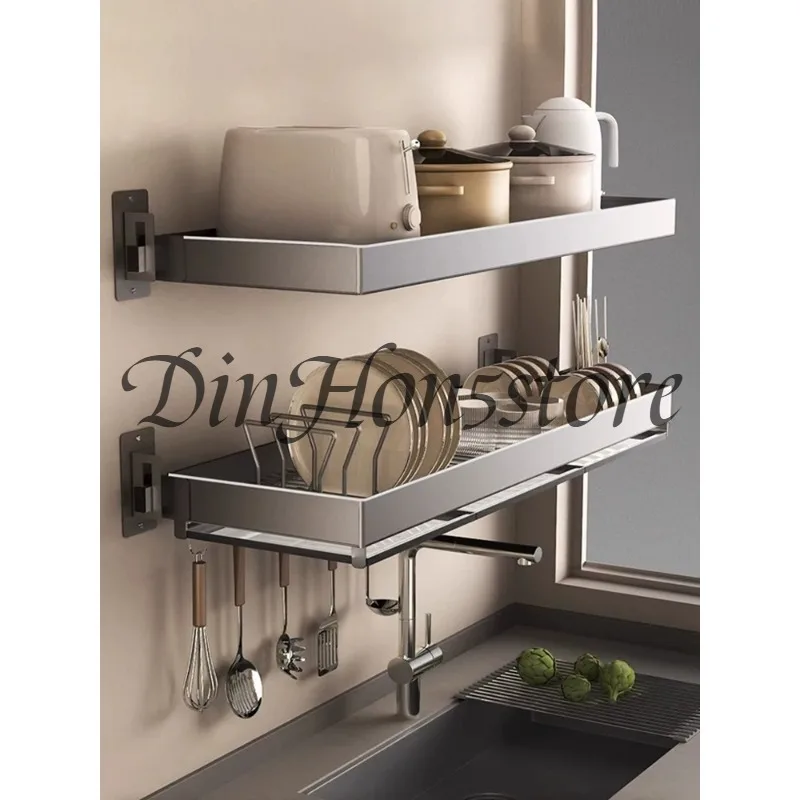 Stainless Steel Wall-Mounted Kitchen Storage Rack Above Sink Dish Draining Rack Pot Tableware Organizer Shelf For Kitchen Window