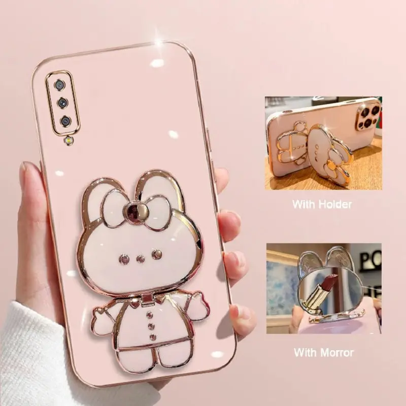 Makeup Mirror Phone Case For Samsung Galaxy A750 A7 2018 Plating Cartoon Rabbit Folding Bracket Phone Protection Case Cover