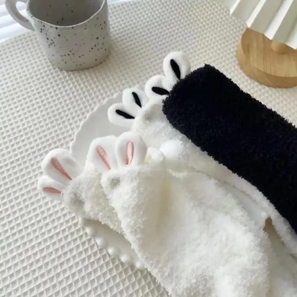 Calcetín para dormir cálido de Lolita para mujer, suave, tridimensional, con orejas de conejo, terciopelo Coral, bonito tubo medio, grueso, para invierno