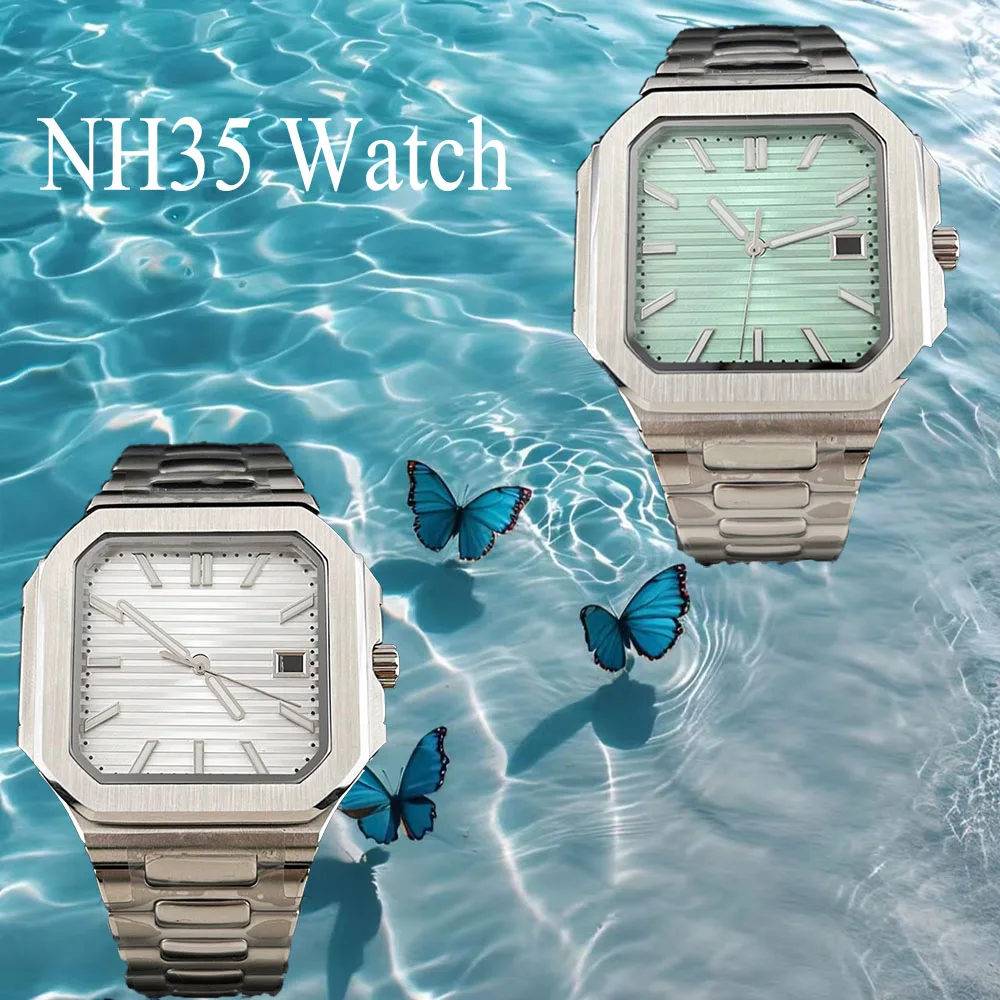 Часы NH35 Мужские часы с индивидуальным логотипом, квадратный циферблат, квадратный корпус, механические часы из нержавеющей стали, часы с механизмом NH35