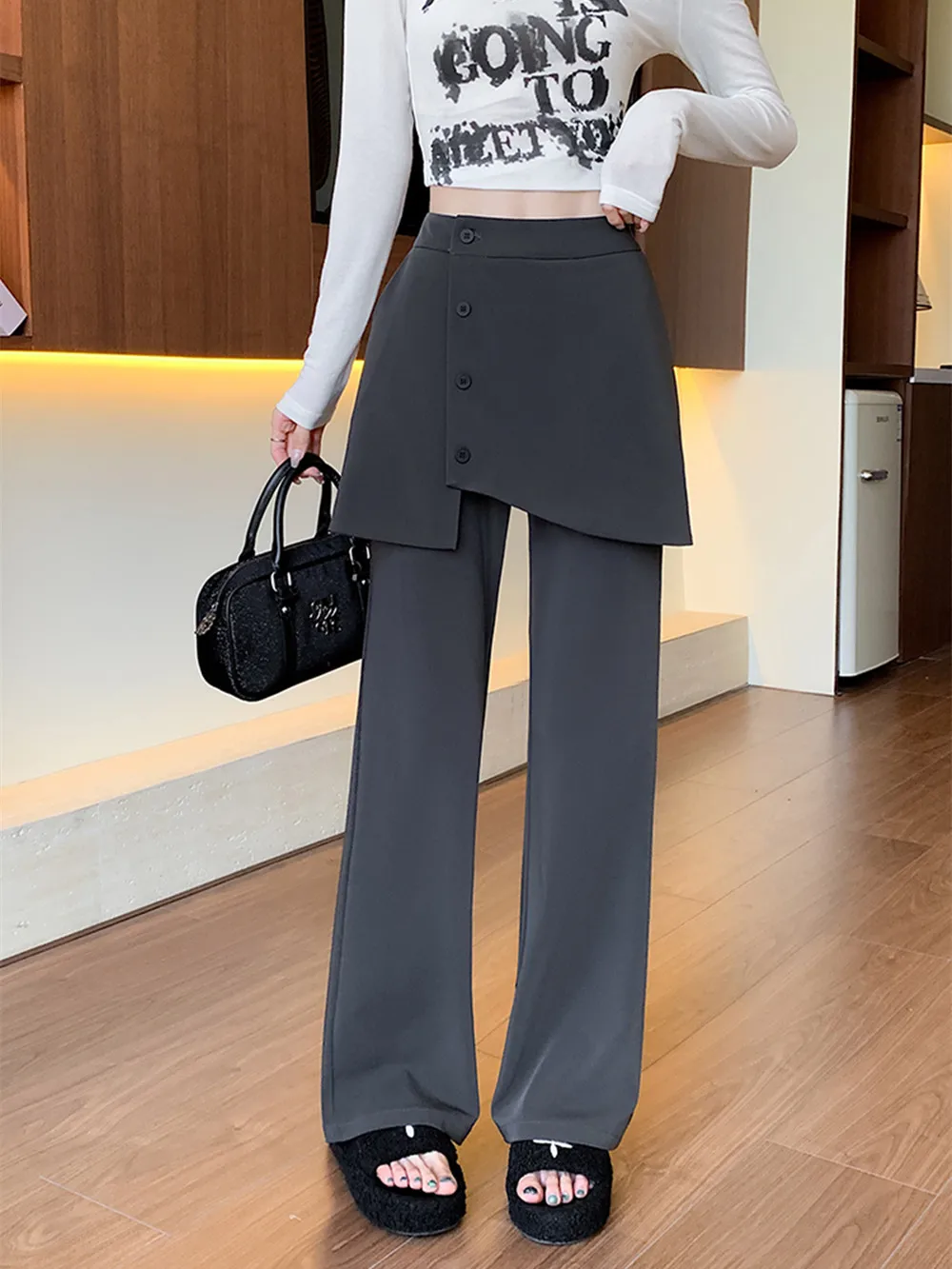 

Spring Summer High-Wiasted Suit Pants Women Solid Color Casual Loose Wide Leg Trousers Ladies Korean Chic Office Straight Pants
