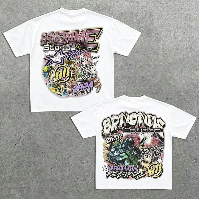 2000s Abstract Art Manga-style Doodles Print T-Shirt Unisex Crew Neck Short-sleeved Retro Street Y2K Casual Tops Clothing Gothic