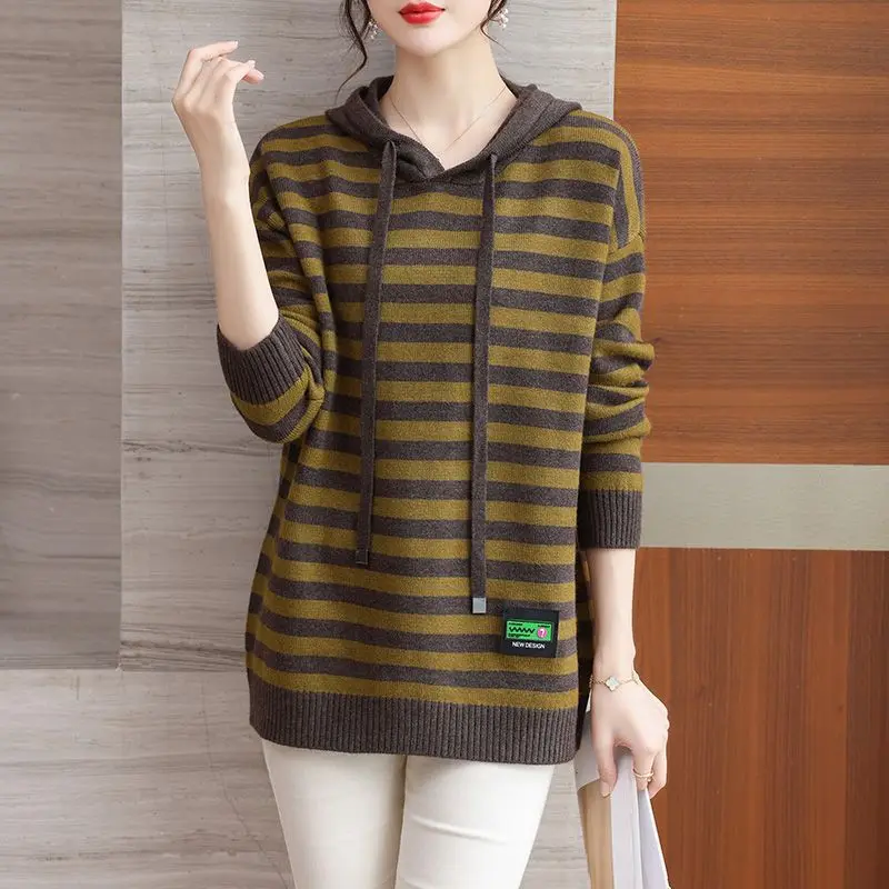 Striped Hoodies Sweatshirt for Women Warm Cold Knitwear Sweater New in Essential Sport Autumn and Winter Woman Hooded Tops Thick
