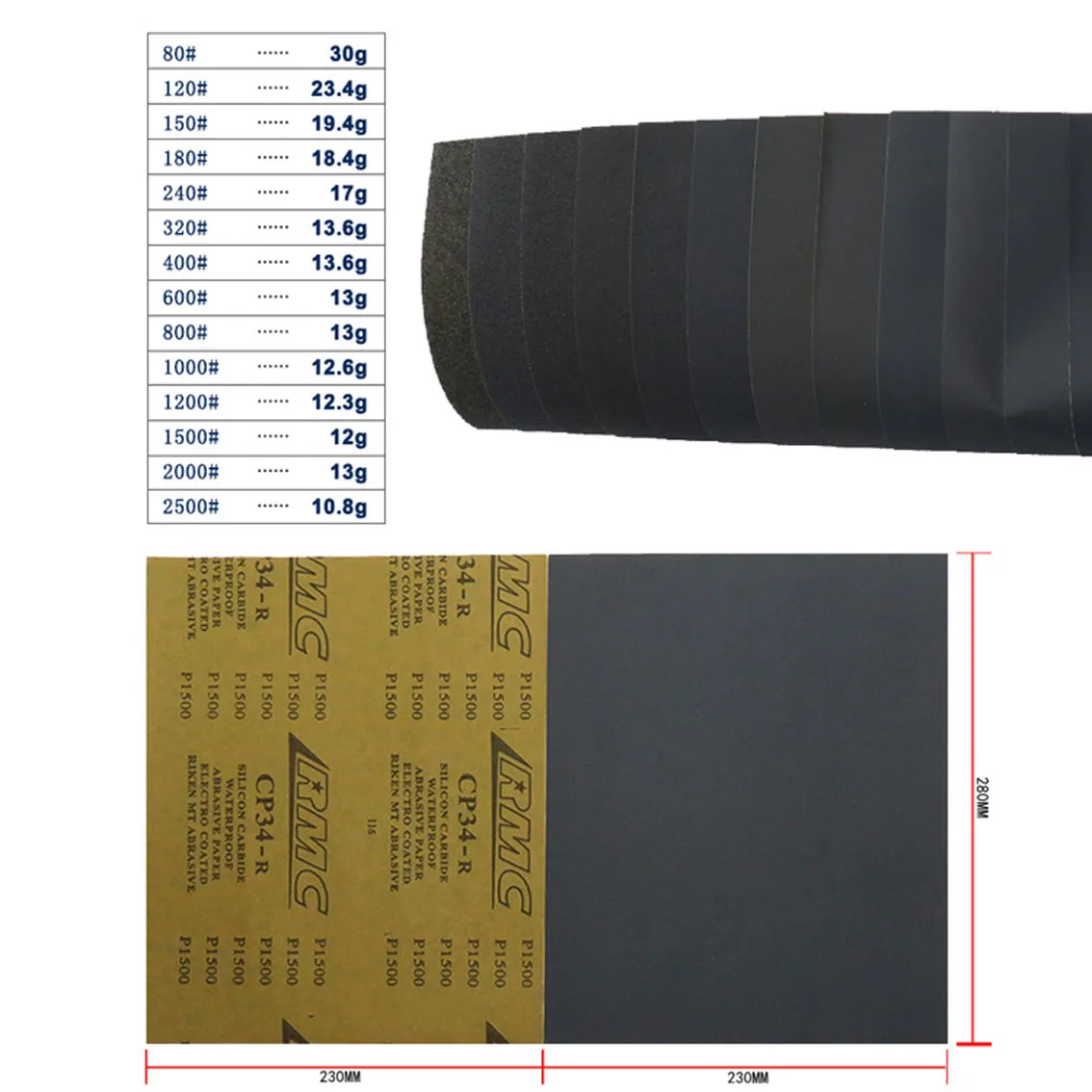 Riken c34p 230x280mm grit 180 400 800 1000 1200 1500 2000 folhas de papel impermeáveis abrasivas de polimento de lixa molhada e seca