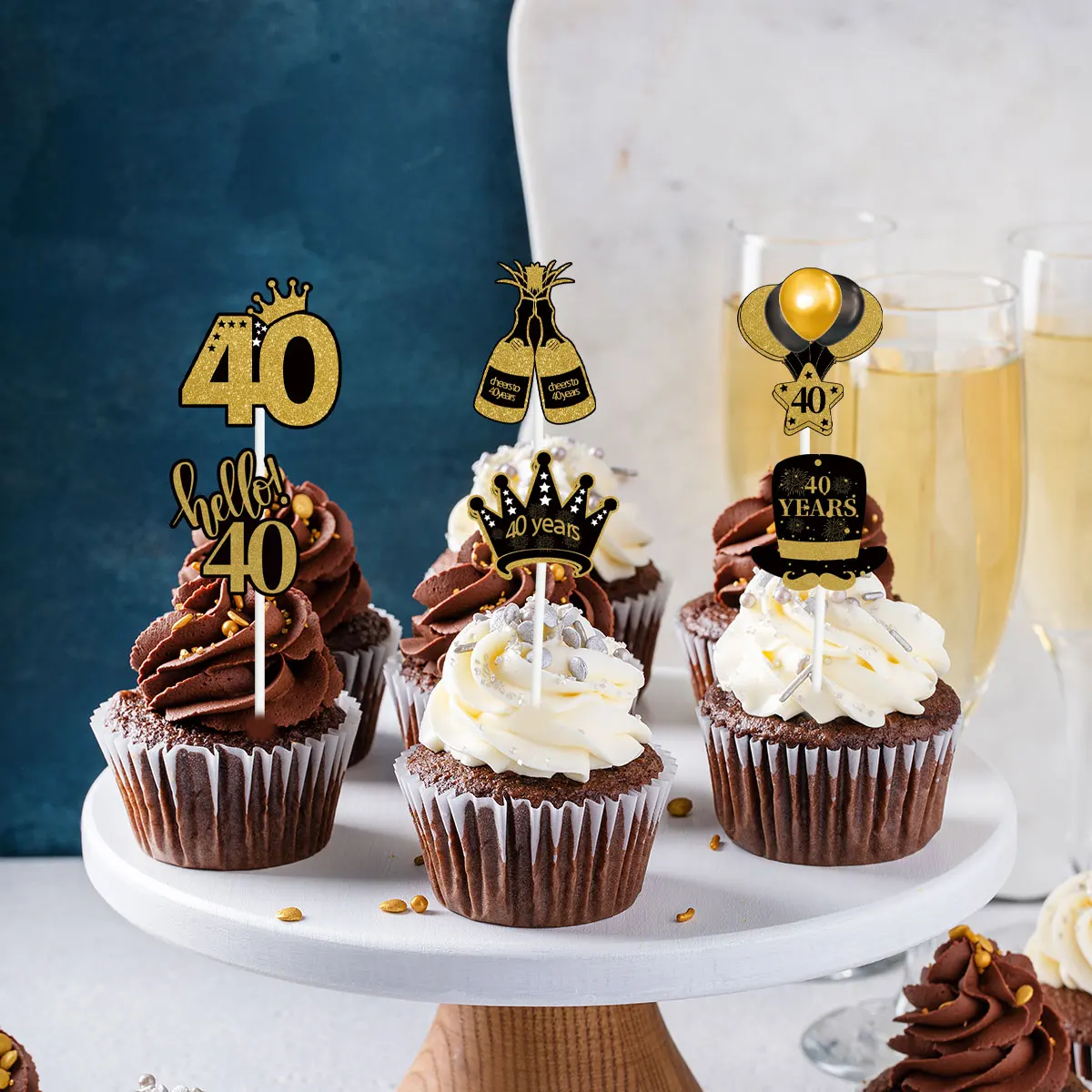 30. 40. 50. 60. Dekoracja tortu urodzinowego Czarne złoto Wykałaczki do ciast 30 40 50 60 lat Cupcake Toppers Adult Birthday Cake Supplies