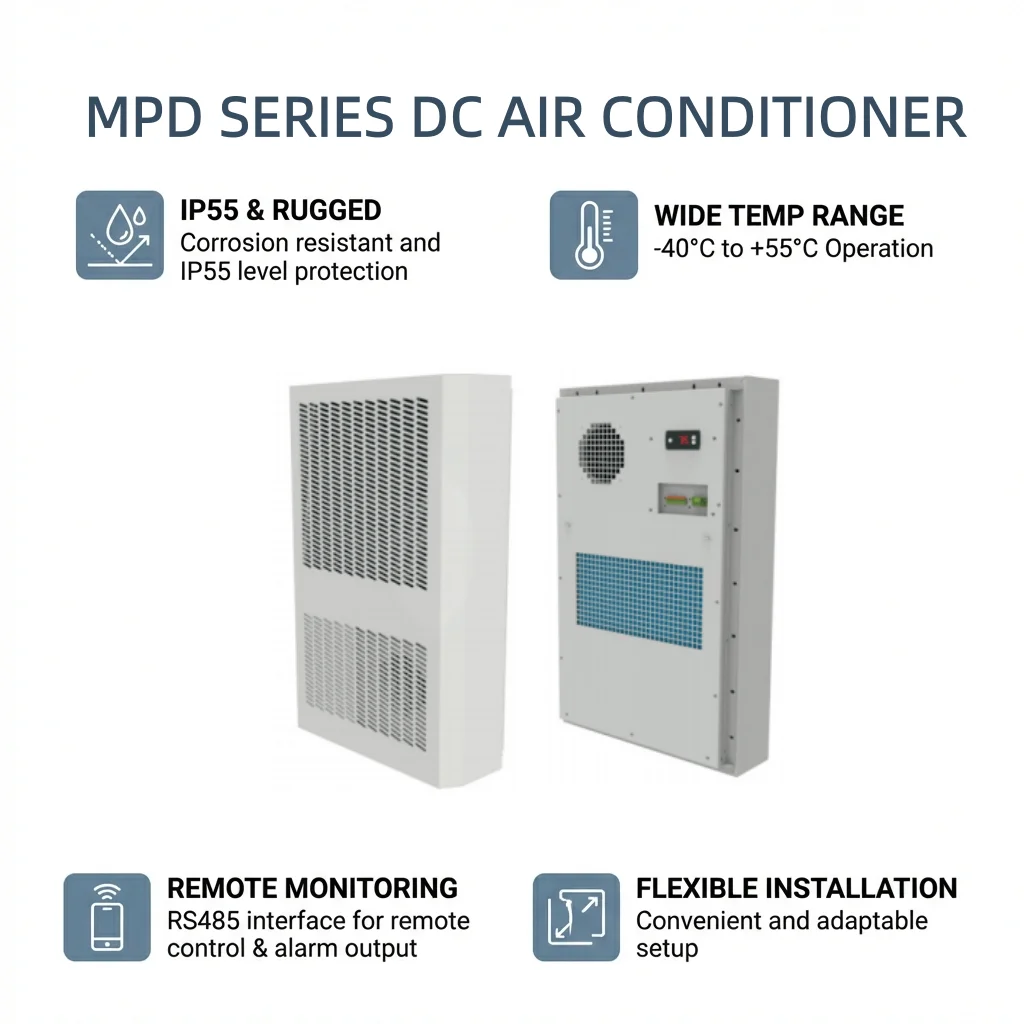 

Door Mounted Telecom Cabinet Cooling Unit 48V DC Integrated Air Conditioner IP55 500W 1000W AC FAN 300m³/h