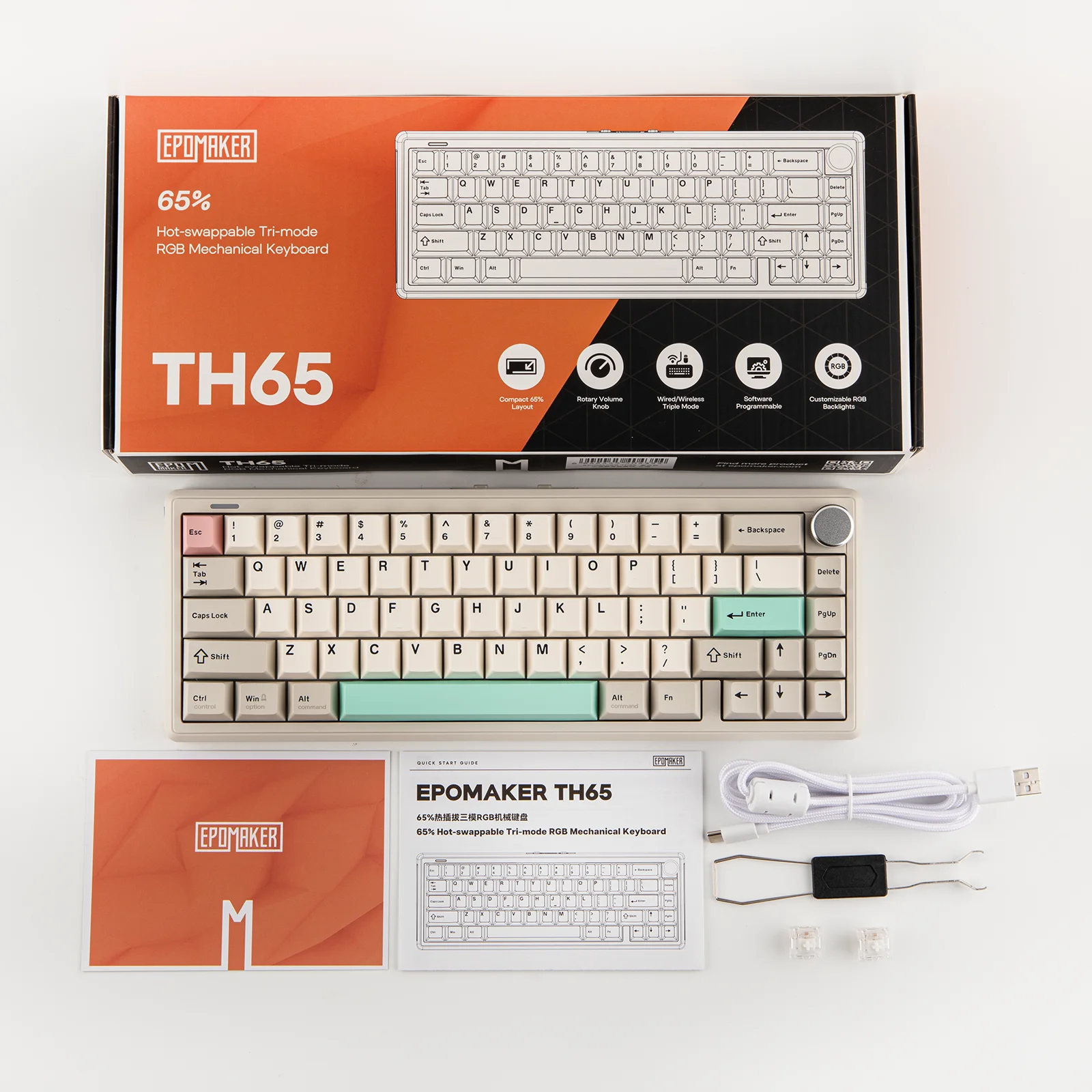 EPOMAKER TH65 65% ANSI US Layout Klawiatura Mechaniczna Gamingowa z Bezprzewodowym Trybem Trójstopniowym, Hot-Swap, Kremowa i Gruba Konstrukcja Gasket, Podświetlenie RGB — zdjęcie produktu 6