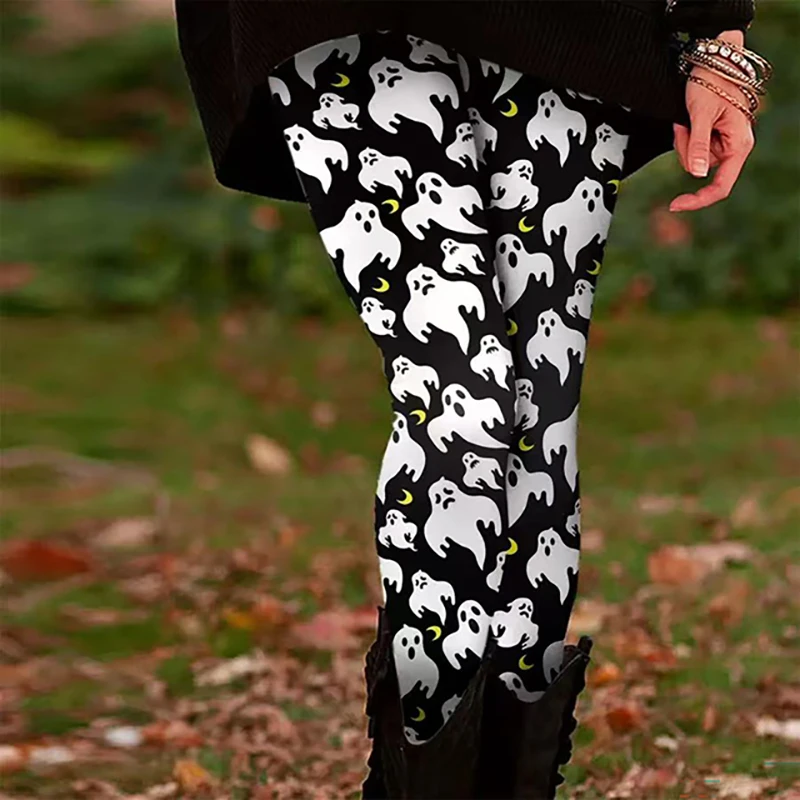 سراويل يوجا نسائية، سراويل يوجا مريحة، سراويل أساسية غير رسمية كاملة الطول عالية الخصر على الطراز العرقي، نمط اليقطين للهالوين