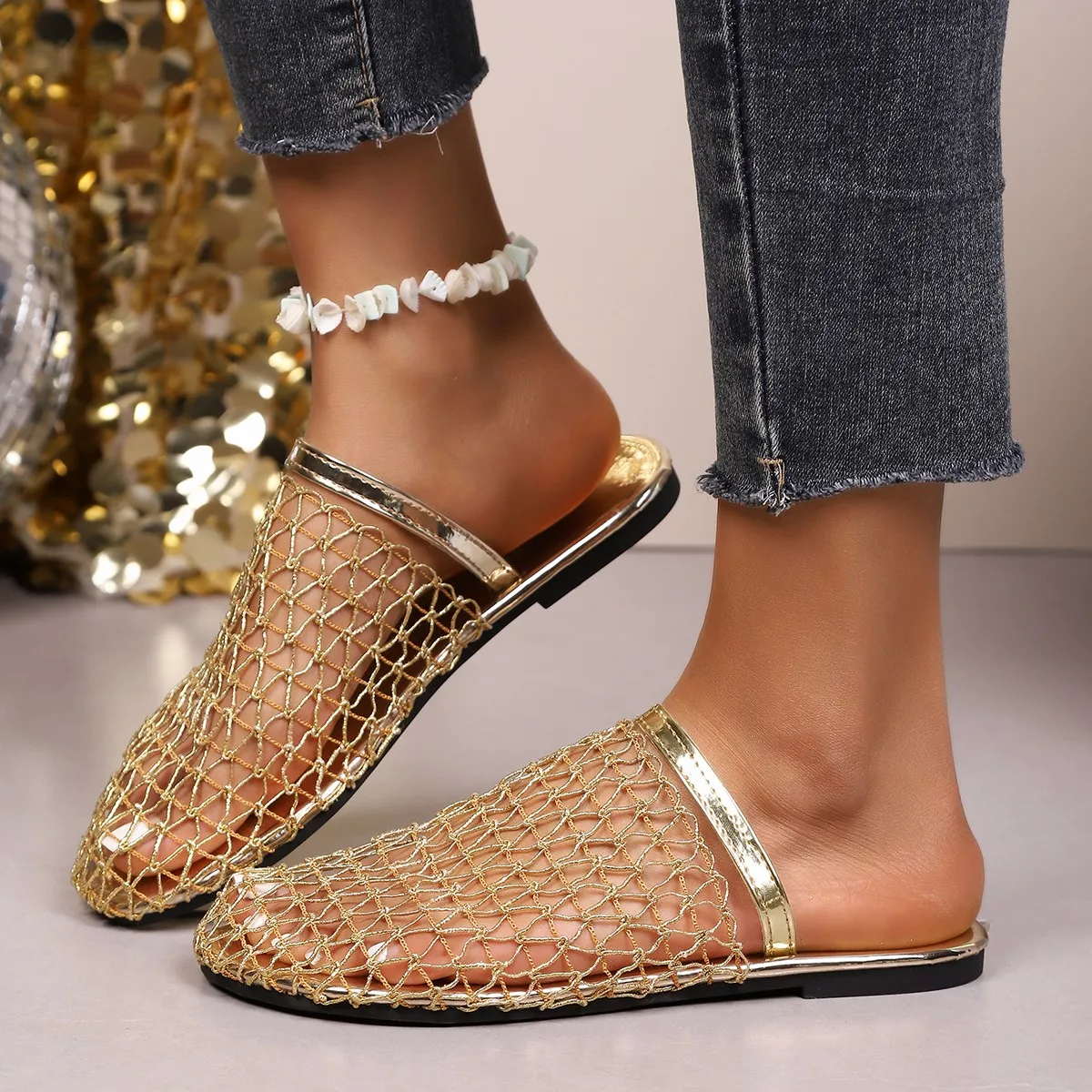 

Bling Gold Silver Crochet Net Mule Slippers Woman Brand Design Mesh Flat Sandals Ladies Summer Elegant Hollow Out Fishnet Shoes