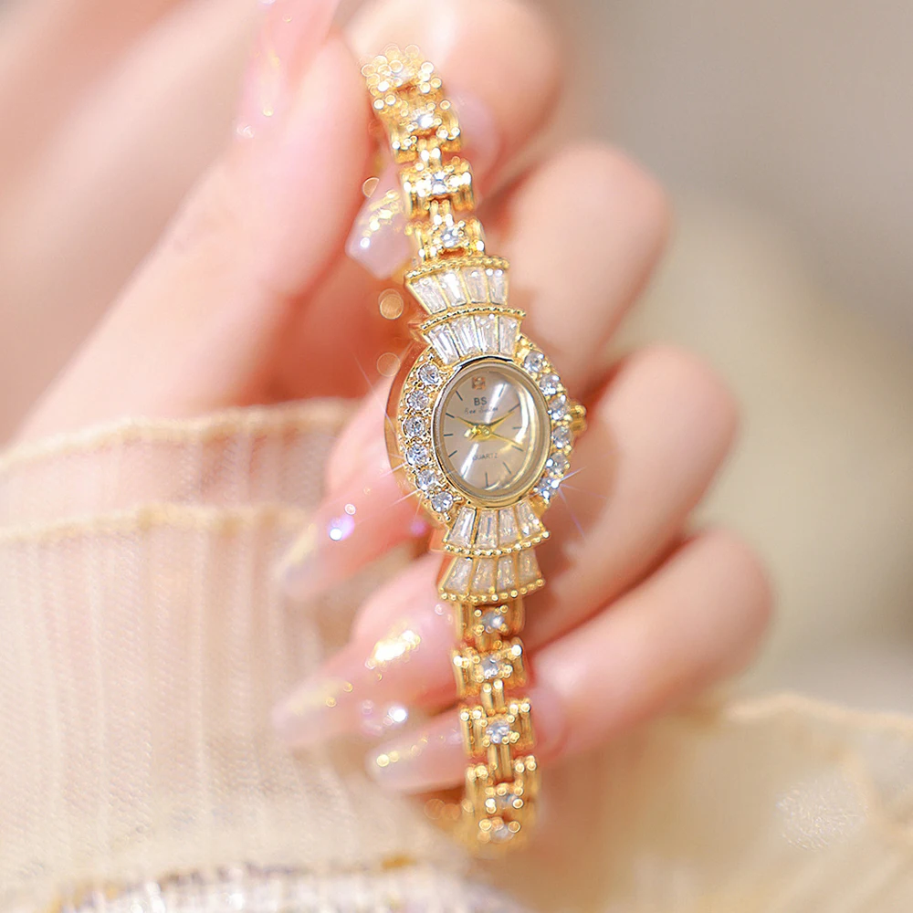 BS Luxury Women Watch Retro Gold Diamond Ladies Dress Wristwatches Small Quartz Watches 2024 Fashion Casual Women Vintage Watch