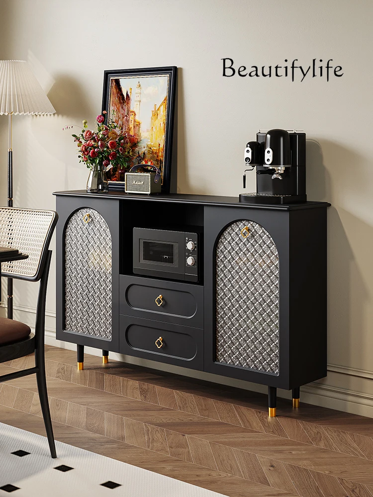 

French Retro Simple Solid Wood Sideboard Black Paint Mid-Ancient Design Sense Tea Cabinet