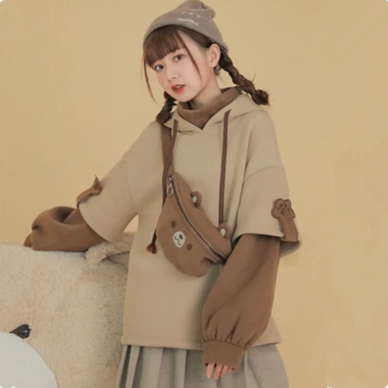 2XL Kawaii Hoodie Harajuku Bear Hooded Sweatshirt Women Korean Long Sleeve Oversized Sweet Y2K Warm Winter Anime Fake Two Coat