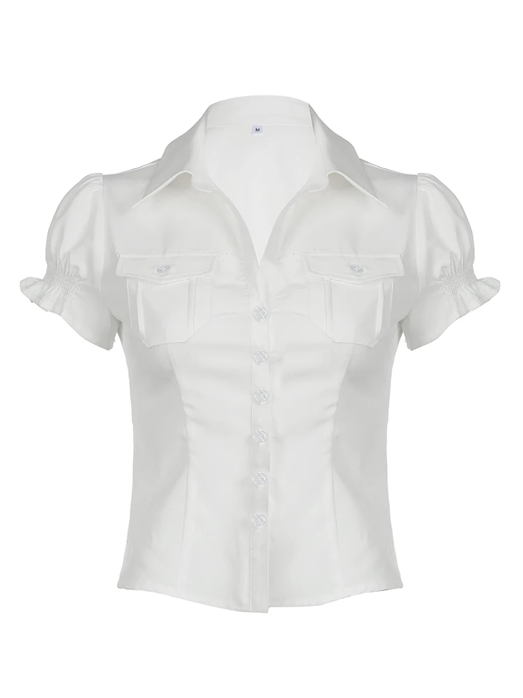 Sweetown Single Breasted Puff Sleeve White Shirts For Women Button Turn Down Collar Pockets Simple Casual Safari Style Tops