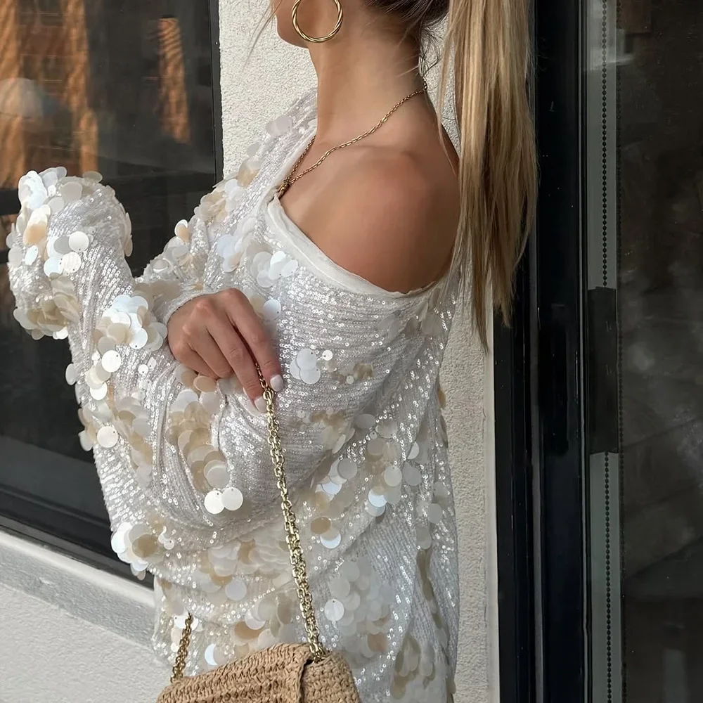 Women's Shiny Jacket Solid V-Neck Lace-up Sequined Long Sleeve Coat Streetwear Female Autumn Casual Top Jacket Outfits image 6