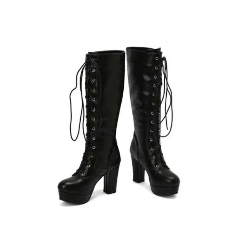 Vintage Women Knee High Riding Knight Boots Lace Up Block Heels Round Toe Winter Shoes 2025 Ladies Footwear Black Beige