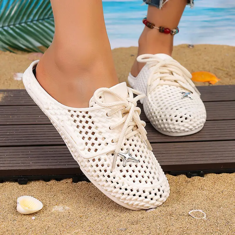 Breathable Hollow Out Mules Slippers Women Summer 2026 Lace Up Bowknot Decoration Clogs Woman's Waterproof EVA Beach Sandals