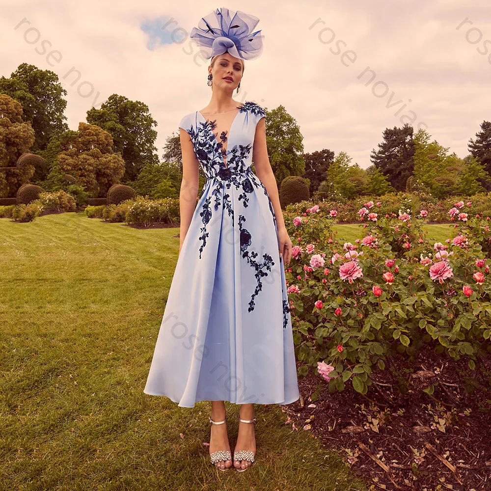 

High Quality Blue Mother of the Bride Dresses Ankle Length Mother Gowns Lace Cap Sleeves Wedding Party Customized Pink On Sale