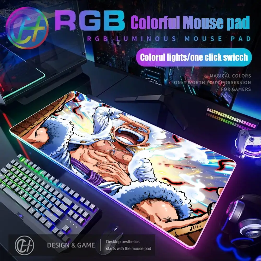 Anime Mouse Pad Luffy Gear5 Vivid Colorful ONE-PIECE Gaming RGB Mousepad XXL Computer Accessories LED Light Soft Large Desk Mat