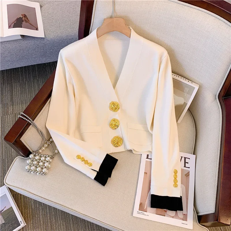 2024 New Fall Women Short Black White Knit Cardigan Elegant V Neck Gold Button Sweater Jumper Fashion Long Sleeve Top Knitwear