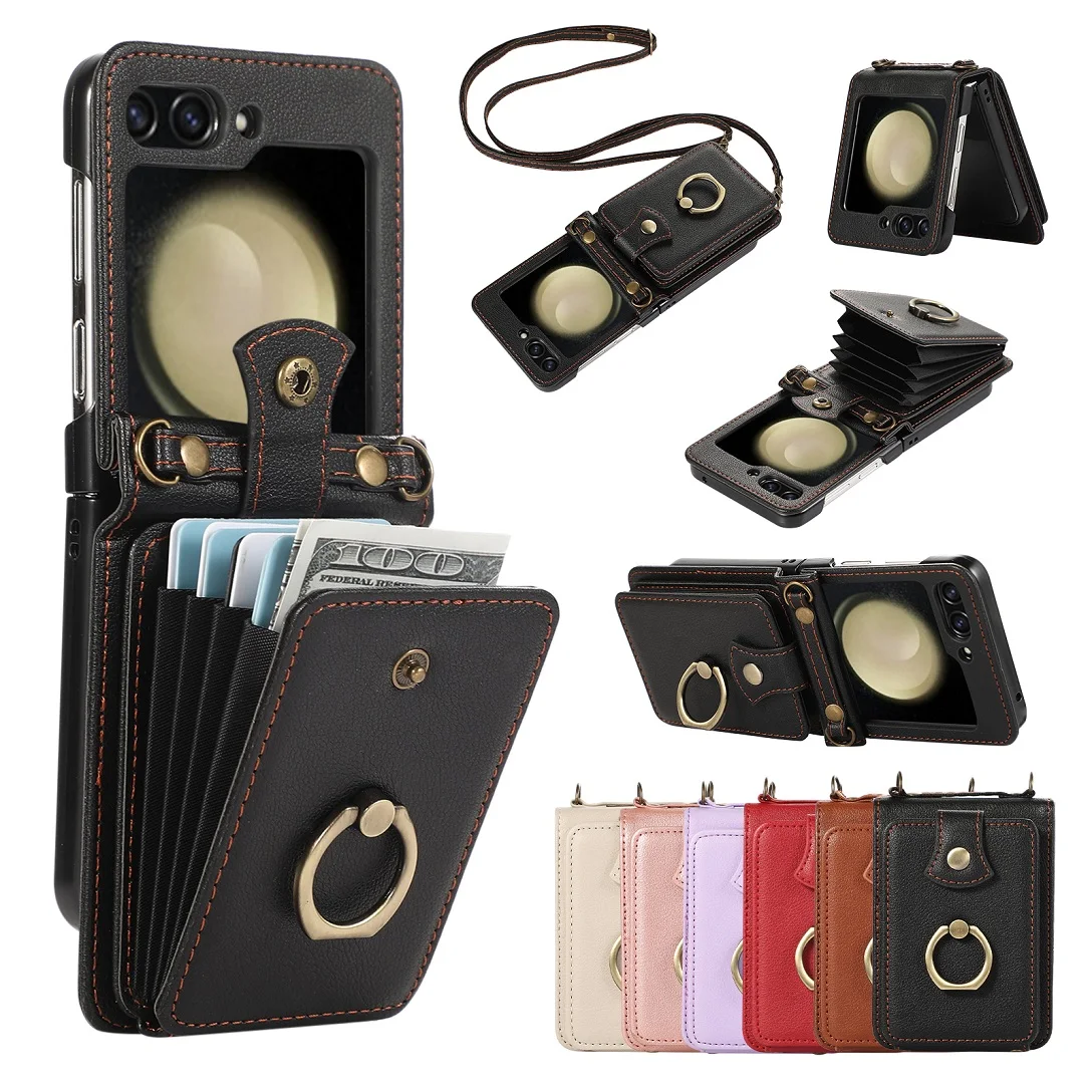 

Crossbody Strap Leather Card Pocket Wallet Case for Samsung Galaxy Z Flip3 Z Flip 6 Phone Bag Cover Z Flip 4 Z Flip 5 Ring Stand