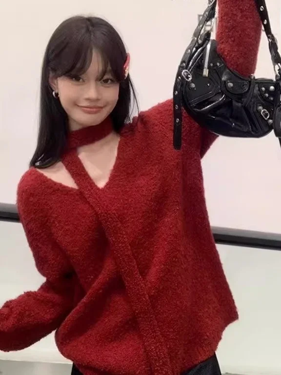 

Red V-Ne Long Sve Knitwear Lazy Sle Two-Piece Set Autumn Winter New Arrival Comfortable Loose Fit Warmth Emitting Sweater