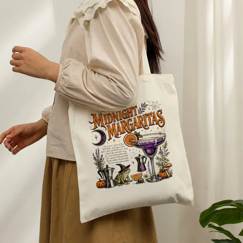 Midnight Margaritas Canvas Tote Bag Witch Frog Pumpkin Moon Print Shoulder Shopping Bag Halloween Gothic Casual Daily Handbag