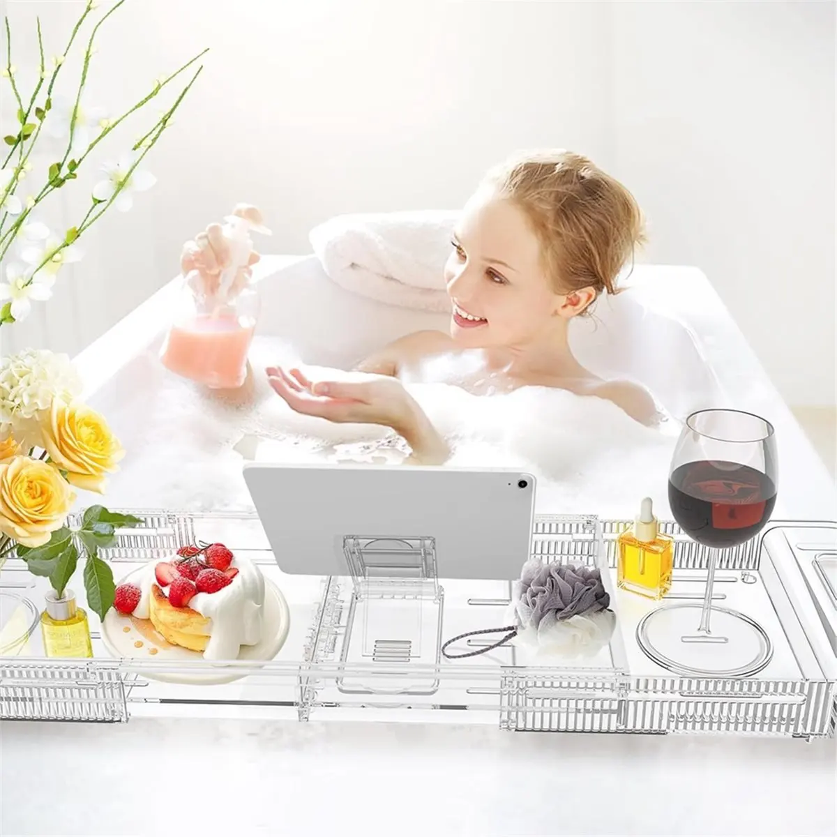 

(FDDT) Выдвижной акриловый поднос-органайзер для ванны, многофункциональный столик для ванной комнаты, простой столик для ванны