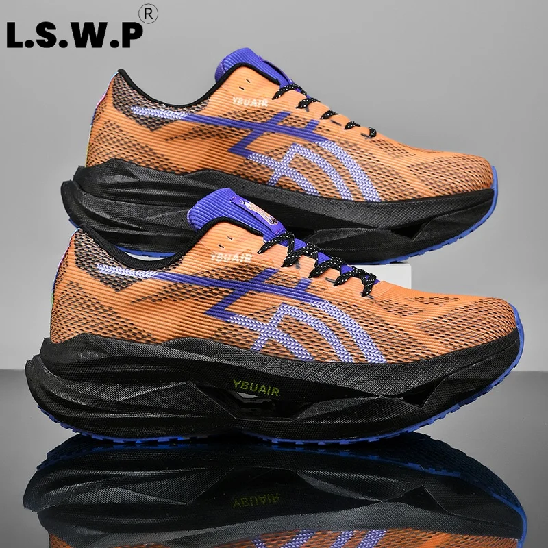 Tênis esportivos casuais masculinos, tênis de corrida com placa de carbono para homens, tênis esportivos profissionais para treino de maratona, malha respirável, sola grossa de alta elasticidade, amortecimento, leves, antiderrapantes, resistentes ao desgaste, para corrida de longa distância ao ar livre, tênis de fitness para homens.