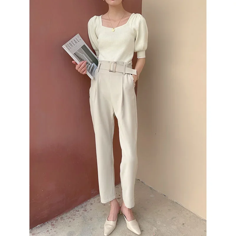 Zomer nieuwe stijl wortel rechte harem wijde pijpen abrikoos negenpunts hoge taille pakbroek voor dames