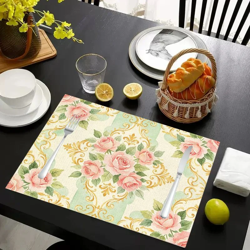 VIKAMA Placemat Pink Roses Gold Scroll Print, Waterproof Oil-Proof Heat-Resistant Woven Dining Table Mat for Home