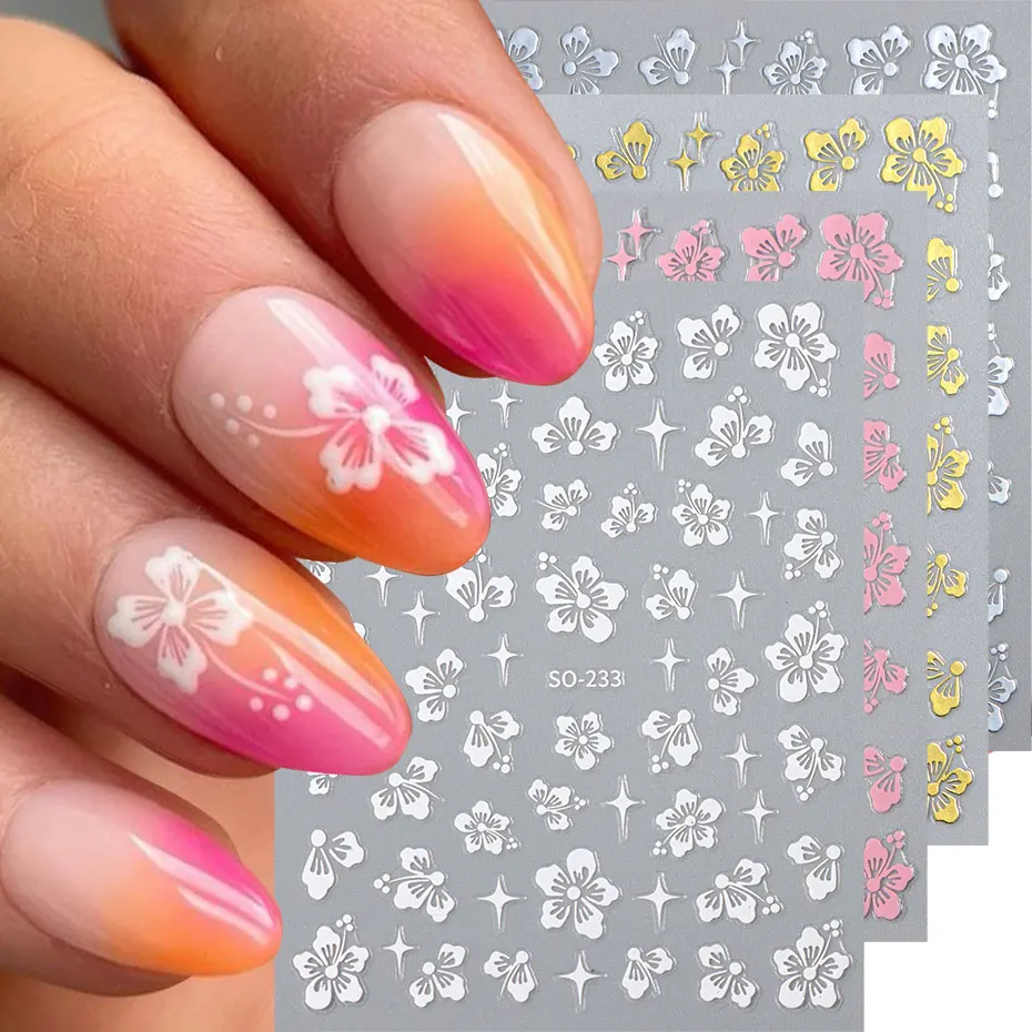 4pcs Hibiscus Flower Nail Art Sticker 3D White Pink Floral Decal Y2K Gold Silver Petal DIY Romantic Self-Adhesive Manicure Decor