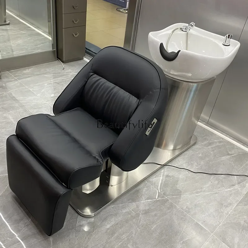 New High-End Electric Lifting Shampoo Chair for Hair Salon Half Lying Salon Bed Ceramic Basin