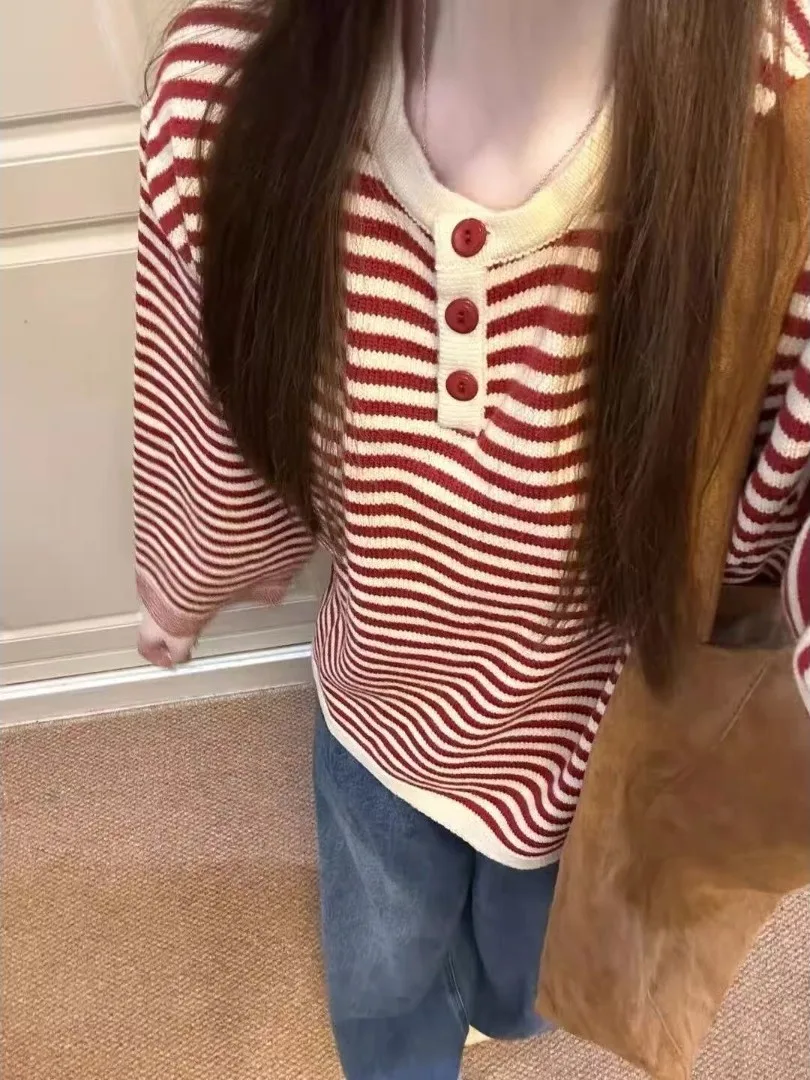Weicher, gemütlicher Strickpullover für Damen, rund, Ne Long Sve, lockere Passform, Herbst-Winter, neues Sle Red Stripes College Sle Top