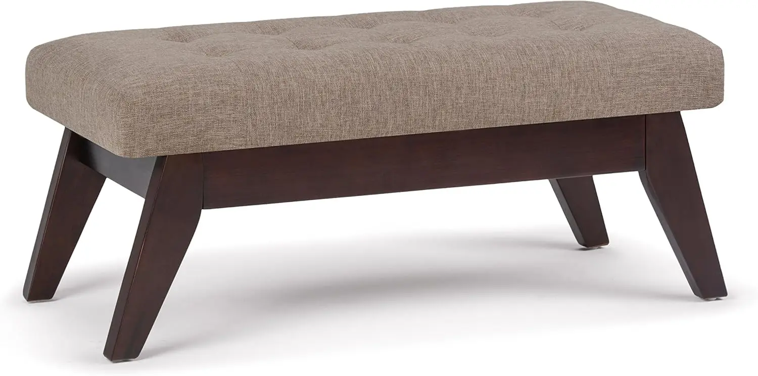 40 inch Wide Mid Century Modern Rectangle Tufted Ottoman Bench in Fawn Brown Linen Look Fabric, Assemble