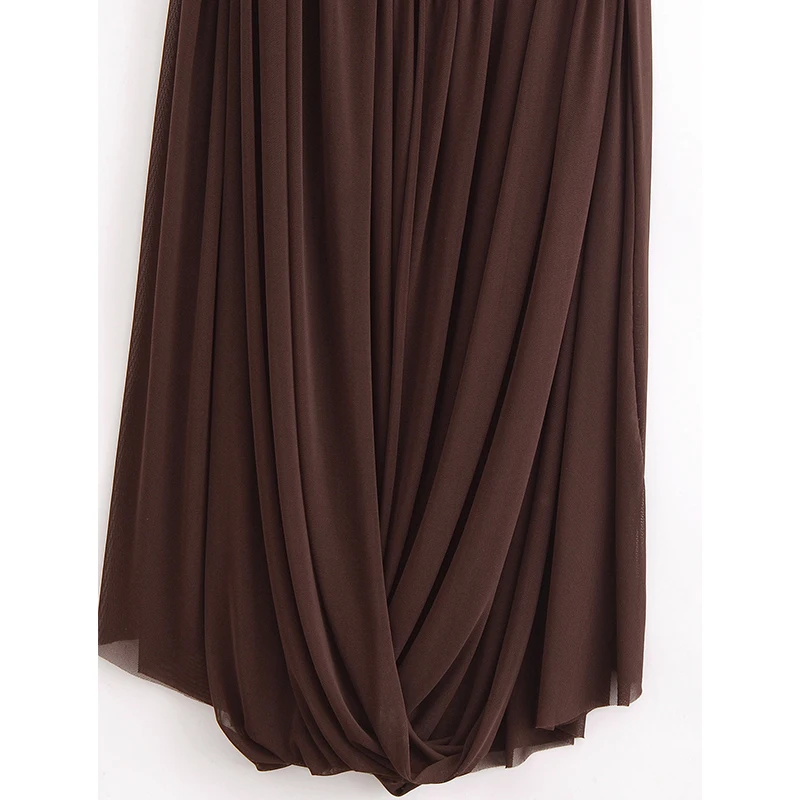 YENKYE شبكة المرقعة غير النظامية المرأة فستان طويل س الرقبة قصيرة الأكمام بني داكن فساتين الصيف عطلة ماكسي فيستدوس #5