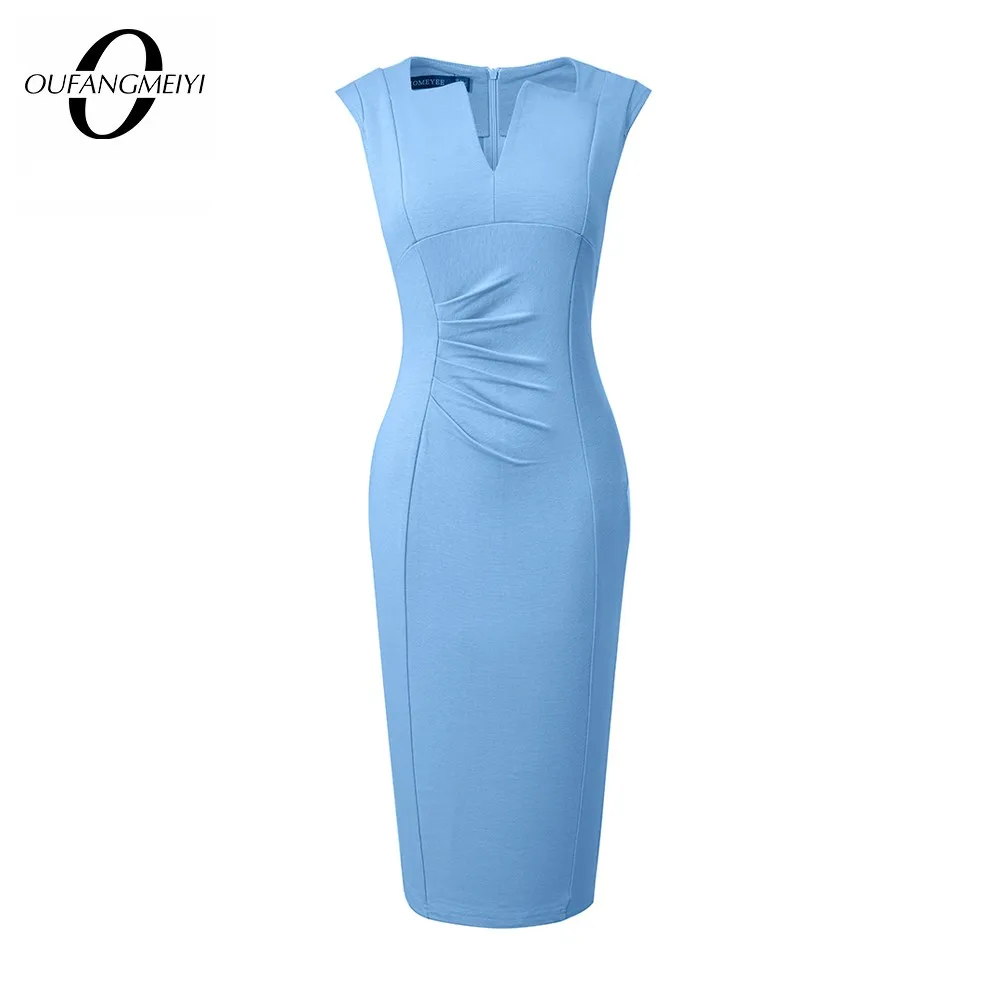 

Women Business Work Solid Color Sleeveless Cut Out Ruched Lady Bodycon Pencil Dress EB722