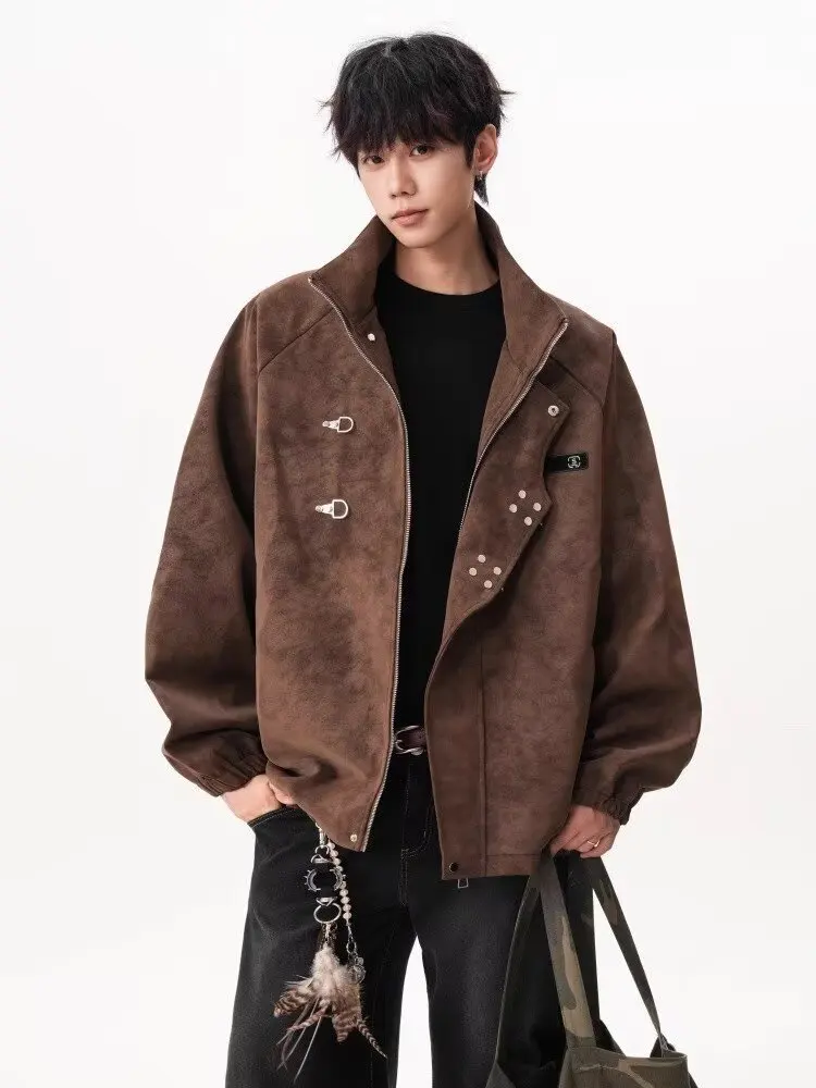 

Retro American Functional Sle Men's Biker Jaet with Button Stand Collar Worn-look Loose Fit High-end Feel Outerwear