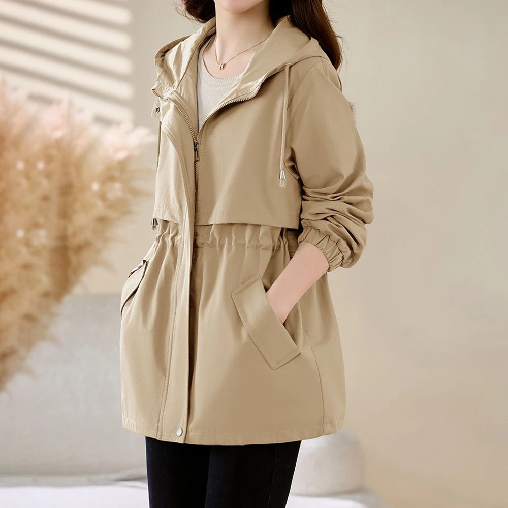 trench coat women's 2025 spring and autumn new  waist medium and long high-end  hooded tooling jacket