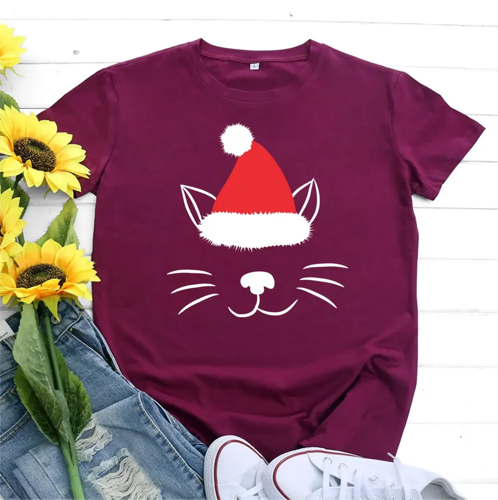 Christmas Hat Cat Face Print T Shirt Women Short Sleeve O Neck Loose Tshirt Women Tee Shirt Tops Camisetas Mujer