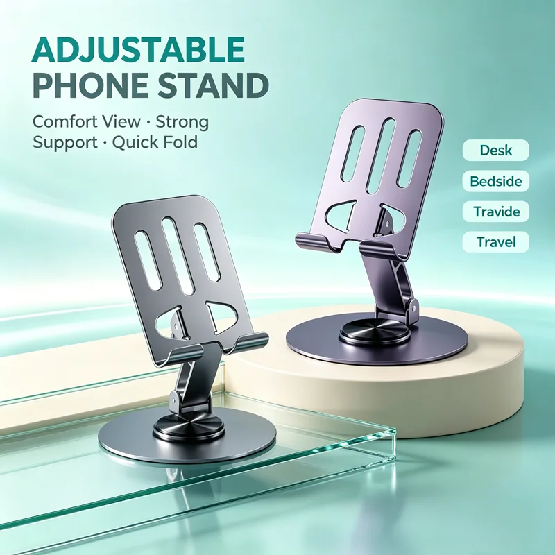 Support de téléphone portable en alliage à rotation infinie, conception amortissante, dissipation thermique creuse, support de bureau pliable et plat