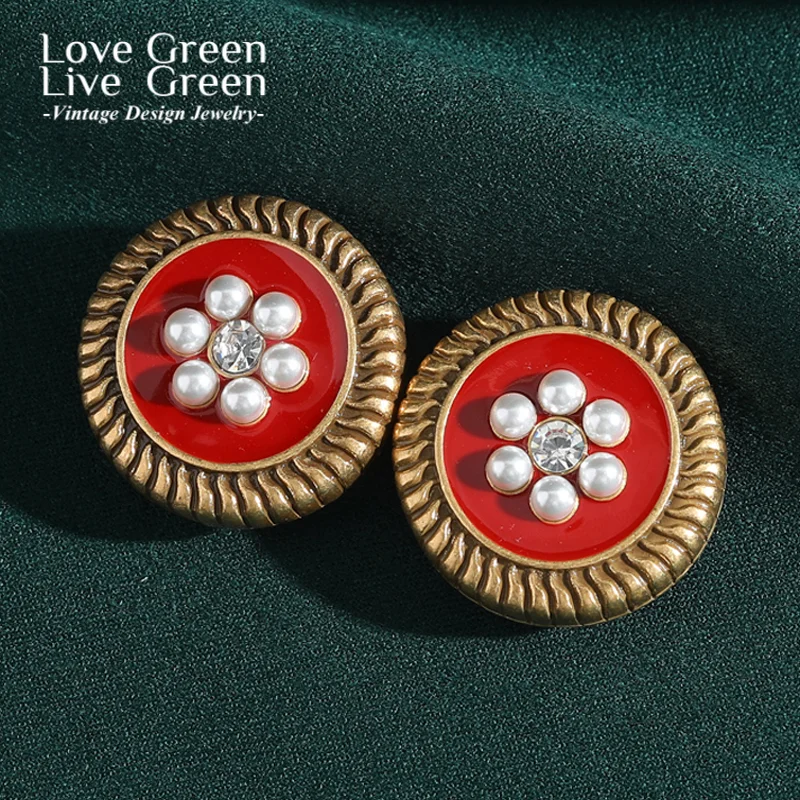 

Vintage Red Pearl Earring Stud Flower Gold Color Zircon Luxury Jewelry Designer Trendy 2025 Gift Accessories For Women Wedding