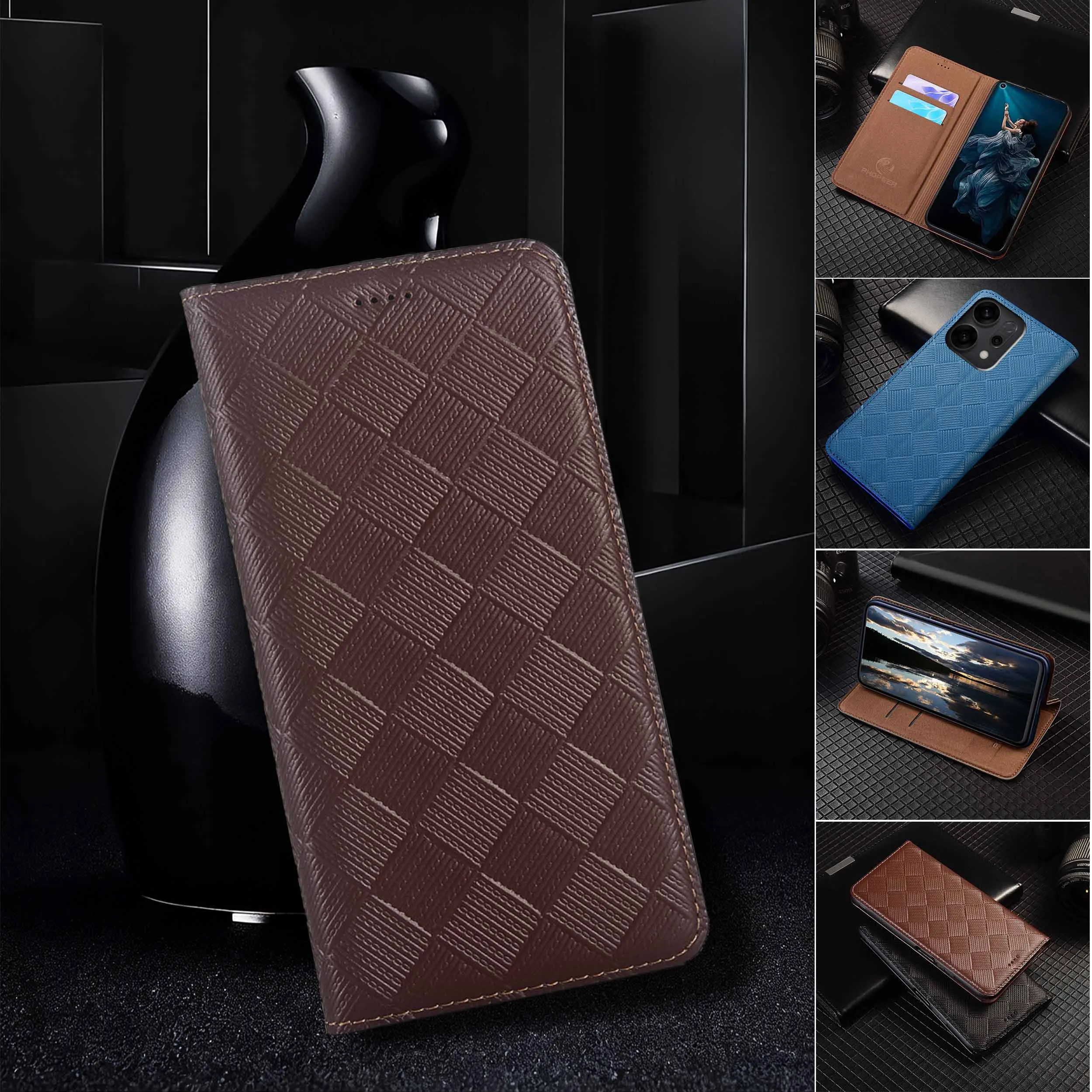 

For OPPO Reno 8 8Z 8T 9 10 11 11F 12 12F 13 14 Pro Plus 4G 5G Knit Pattern Genuine Leather Wallet Flip Phone Cover Case Cowhide