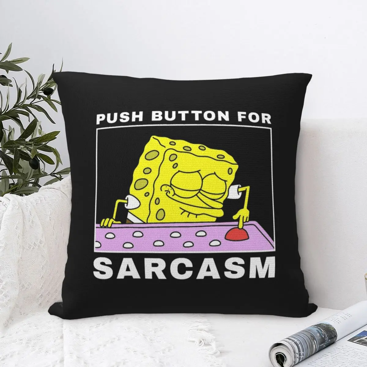 SpongeBobing Push Button For Sarcasm Pillowcase Polyester Cushion Cover Gift Cartoon Throw Pillow Case Cover Home Square 40X40cm