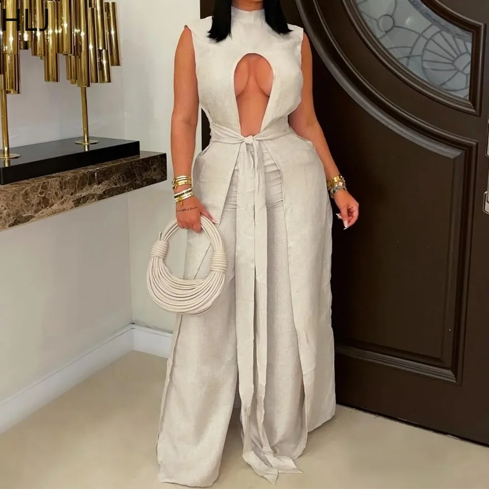 

HLJ Autumn New Fashion Two Piece Outfits Woman Outfits Hollow-out Sleeveless Crop Top and Pants Suit Female Streetwear Clothing